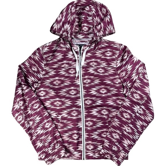 Empyre from Zumiez size large maroon & white Aztec design wind jacket with hood - Picture 3 of 10